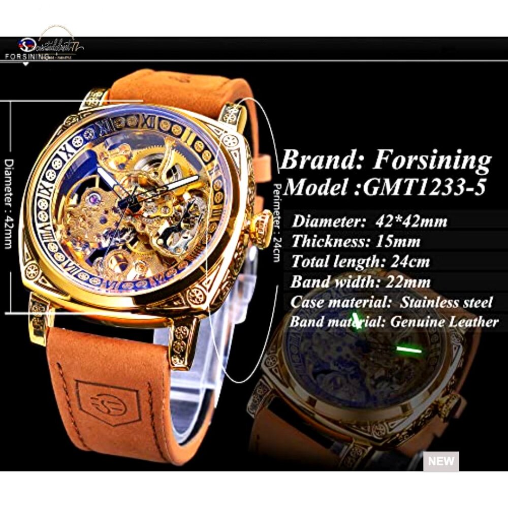 Retro Square Skeleton Automatic Watch Self-Wind M… - image 4